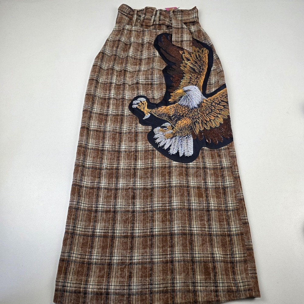 Lala Skirt Womens Small Brown Plaid Tweed Maxi Eagle Sequin High Waist Lined